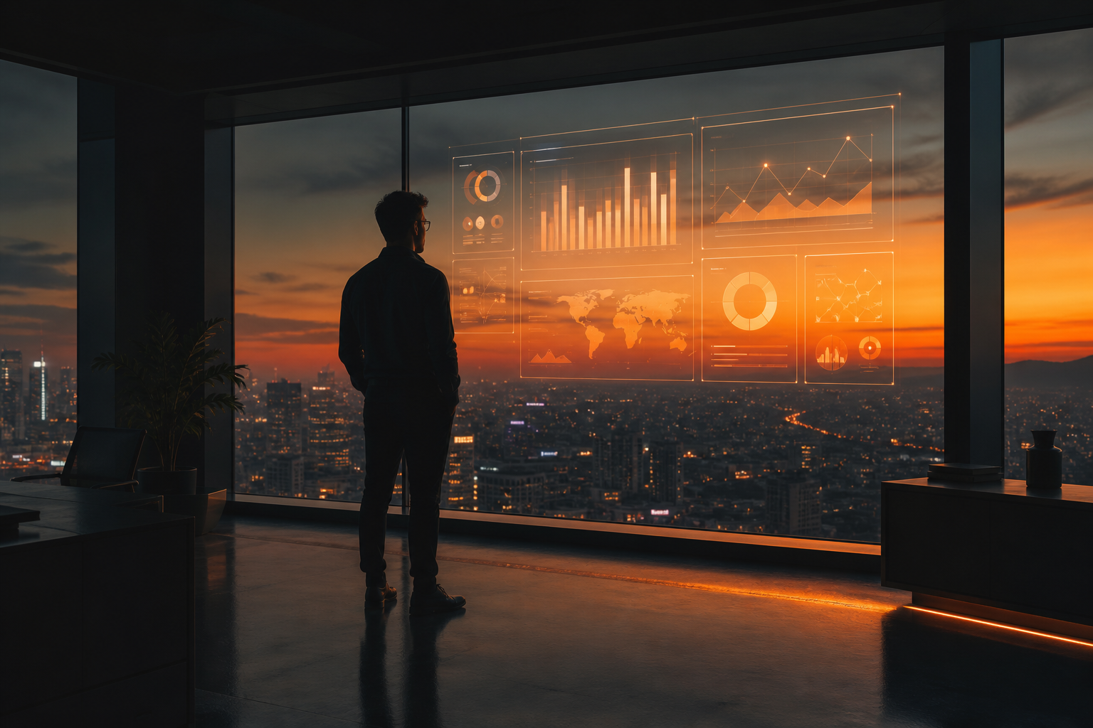 Forward-looking digital marketing vision with cityscape and technology